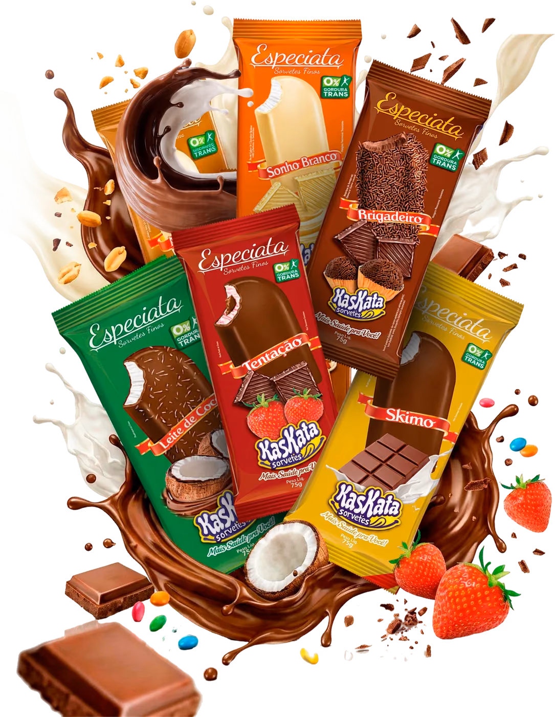 Picolés Especiata com respingos de chocolate, morango e coco